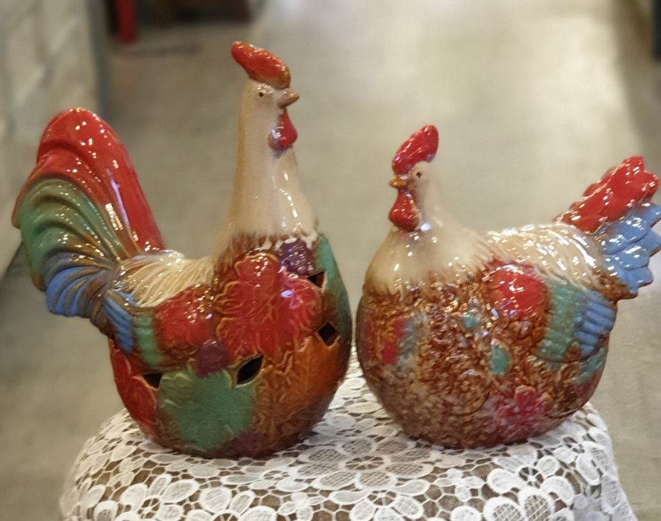 무지개(Rainbow) 닭 도자기 커플 인형
